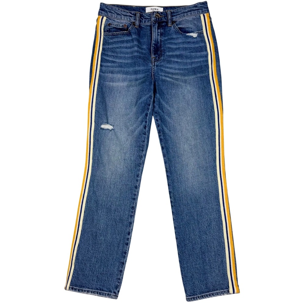 Pistola Side Stripe Jeans Distressed Straight Leg Womens 27 Blue Yellow Y2K